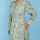 Front Detail of a Model wearing Sage Green Cotton Block Printed Blouson Dress