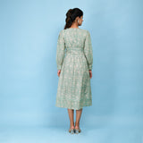 Back View of a Model wearing Sage Green Cotton Block Printed Blouson Dress