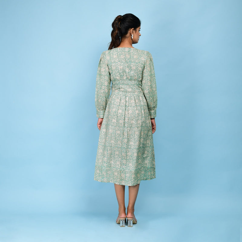 Back View of a Model wearing Sage Green Cotton Block Printed Blouson Dress