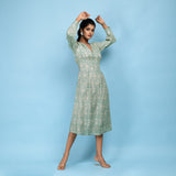 Right View of a Model wearing Sage Green Cotton Block Printed Blouson Dress