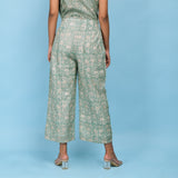 Back View of a Model wearing Sage Green Block Printed Cotton Culottes