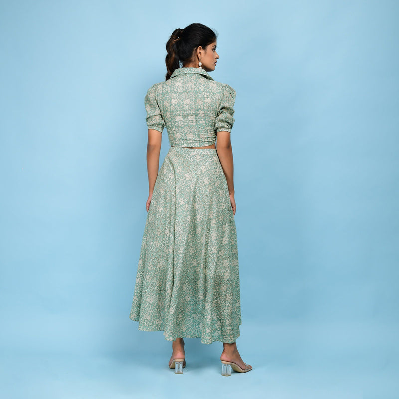 Back View of a Model wearing Sage Green Block Printed 100% Cotton High-Low Circular Skirt