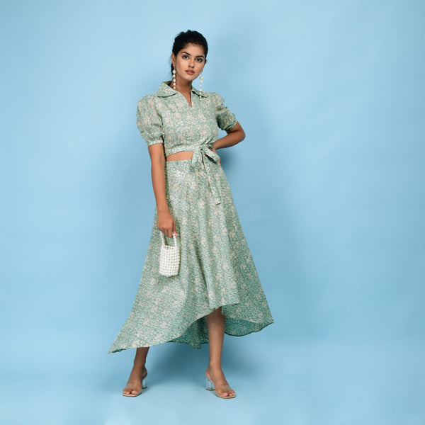 Front View of a Model wearing Sage Green Block Printed 100% Cotton High-Low Circular Skirt