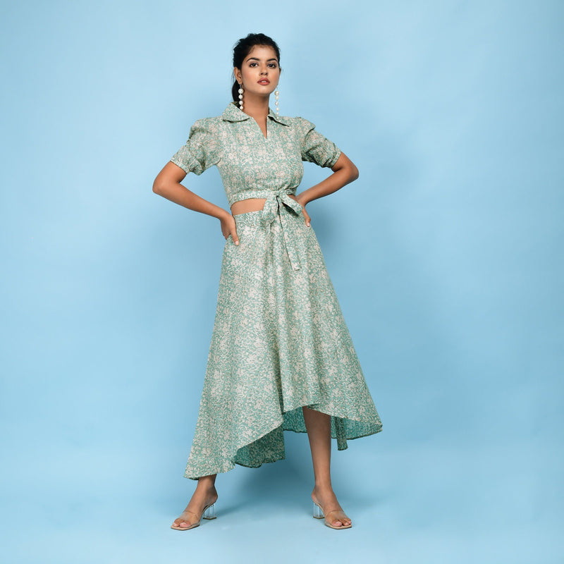 Front View of a Model wearing Sage Green Block Printed 100% Cotton High-Low Circular Skirt