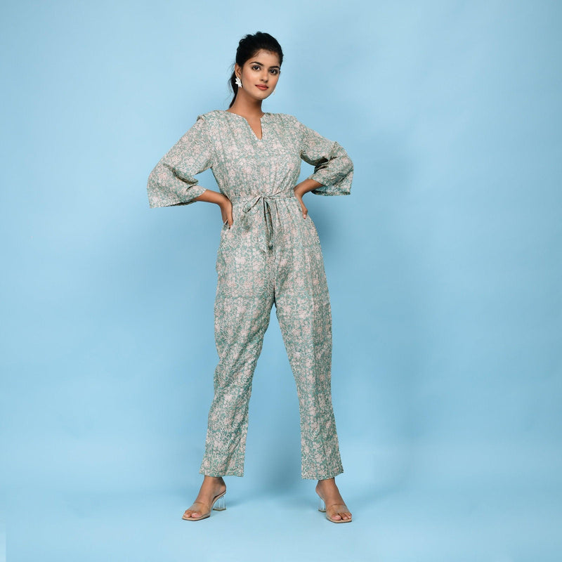 Front View of a Model wearing Sage Green Block Printed 100% Cotton Straight Jumpsuit
