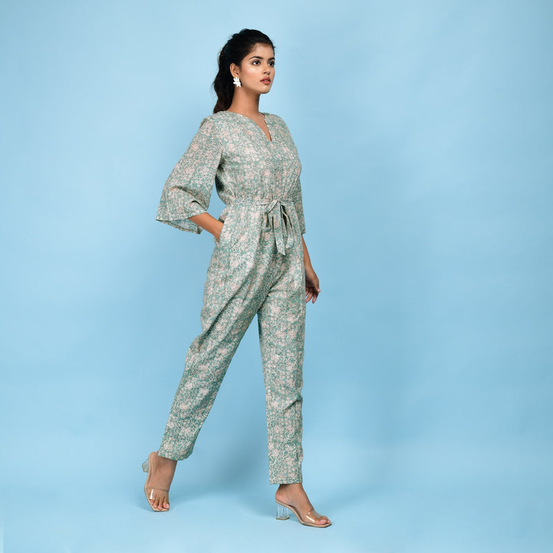 Right View of a Model wearing Sage Green Block Printed Ankle Length Cotton Jumpsuit