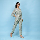 Right View of a Model wearing Sage Green Block Printed 100% Cotton Straight Jumpsuit