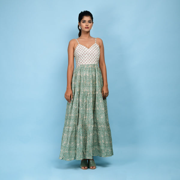 Front View of a Model wearing Sage Green Block Printed Camisole Cotton Midi Dress