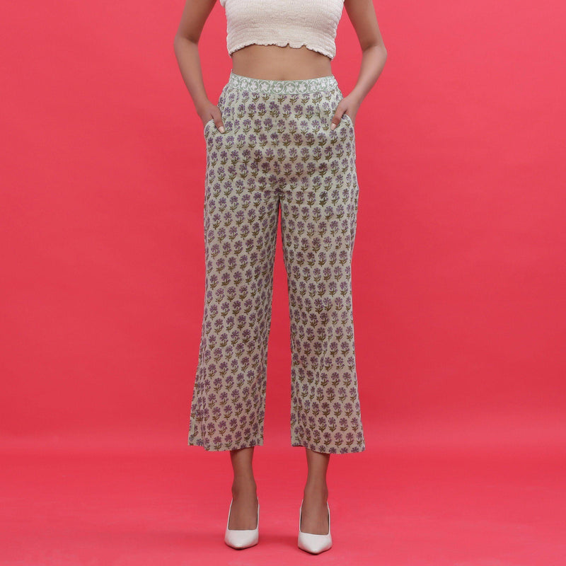 Front View of a Model wearing Sage Green Mid Rise Straight Pant