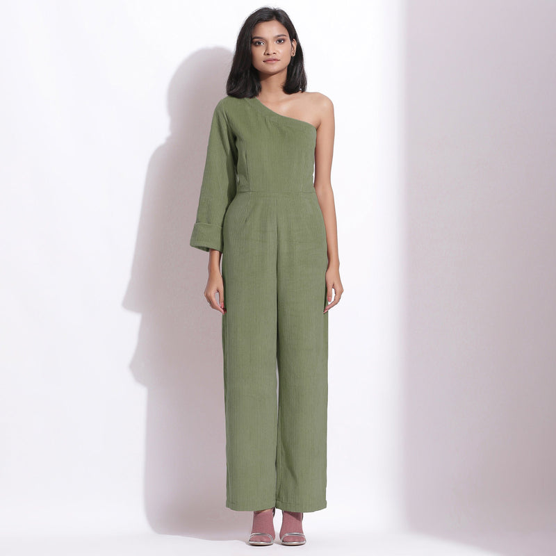 Front View of a Model wearing Sage Green Corduroy One-Shoulder Jumpsuit