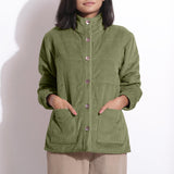Front Detail of a Model wearing Sage Green Corduroy Quilted Puffer Jacket