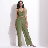 Front View of a Model wearing Sage Green Corduroy Wide-Legged Trouser Pants