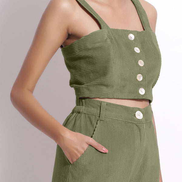 Front Detail of a Model wearing Sage Green Cotton Corduroy Crop Top