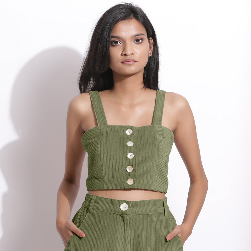 Front View of a Model wearing Sage Green Cotton Corduroy Crop Top