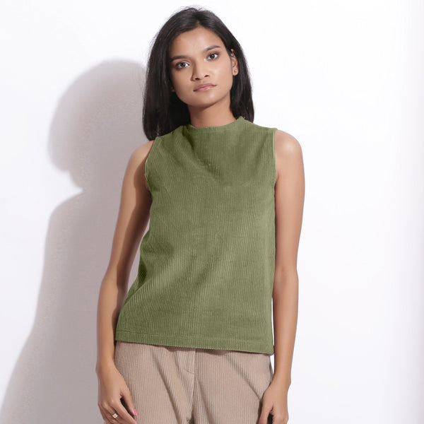 Front View of a Model wearing Sage Green Cotton Corduroy Funnel Neck Top