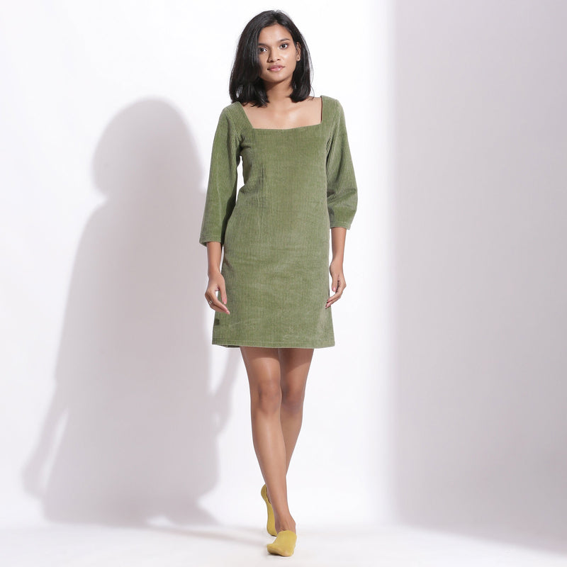Front View of a Model wearing Sage Green Cotton Corduroy Square Neck Dress