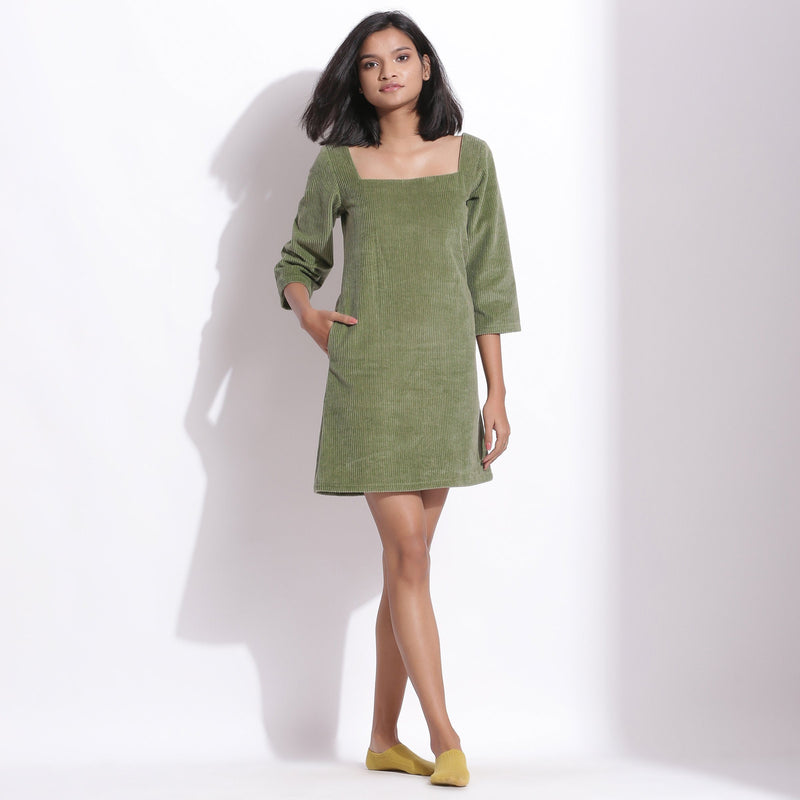 Front View of a Model wearing Sage Green Cotton Corduroy Square Neck Dress