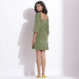 Back View of a Model wearing Sage Green Cotton Corduroy Square Neck Dress
