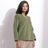 Right View of a Model wearing Sage Green Warm Cotton Corduroy Straight Top