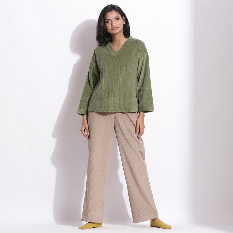 Front View of a Model wearing Sage Green Warm Cotton Corduroy Straight Top