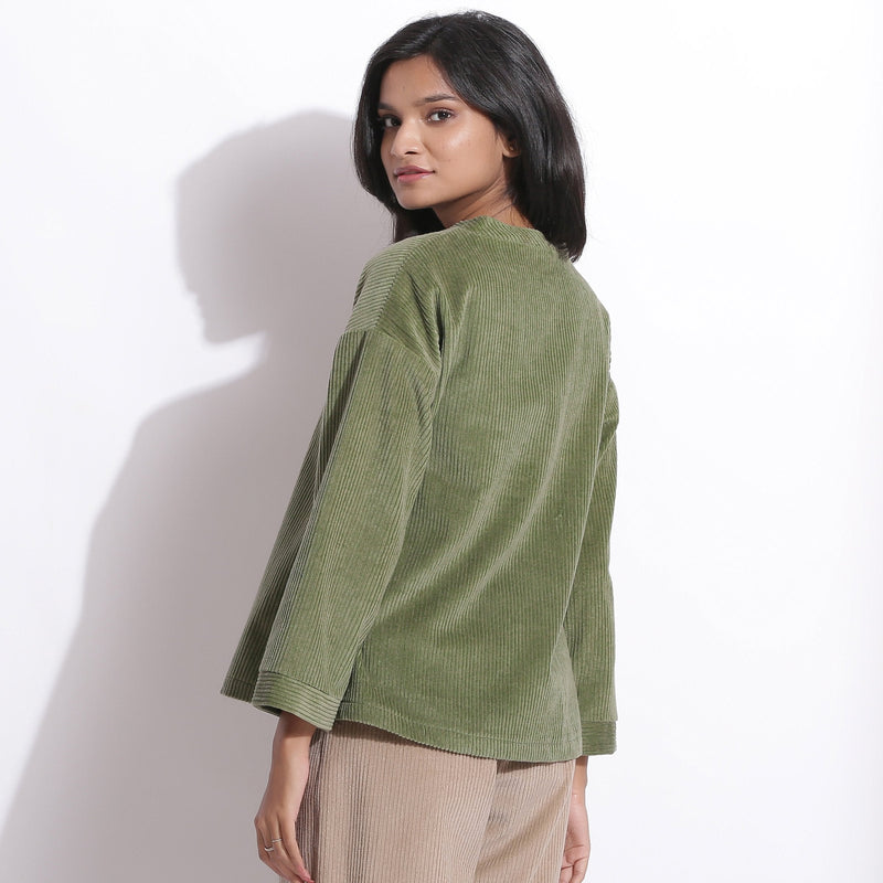 Back View of a Model wearing Sage Green Warm Cotton Corduroy Straight Top