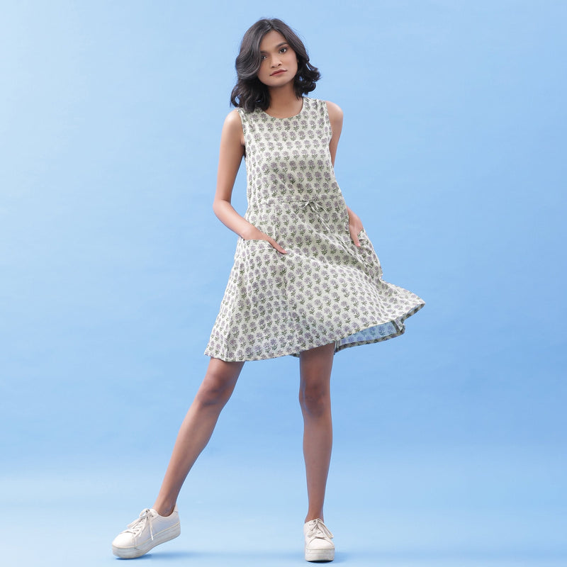 Front View of a Model wearing Sage Green Floral Block Printed Cotton Short Dress