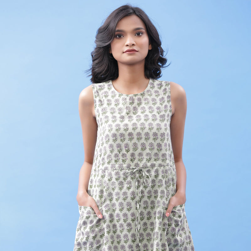 Front Detail of a Model wearing Sage Green Floral Block Printed Cotton Short Dress