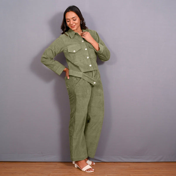 Right View of a Model wearing Sage Green Warm Cotton Corduroy Button-Down Shacket