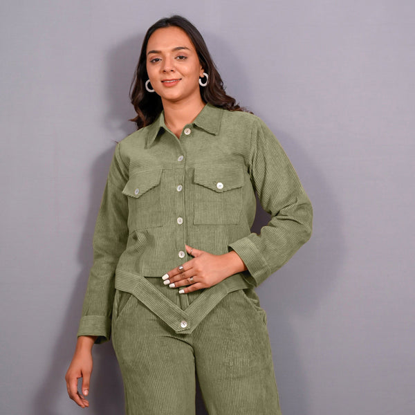 Front View of a Model wearing Sage Green Warm Cotton Corduroy Button-Down Shacket