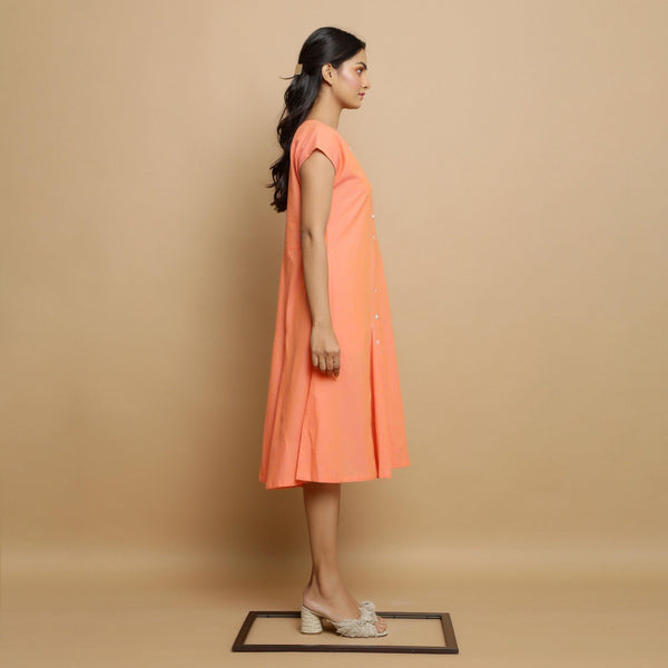 Right View of a Model wearing Salmon Pink Mangalgiri Cotton Button-Down Midi Dress