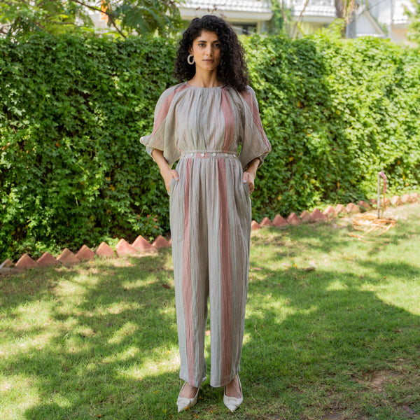 Salmon Pink Crinkled Cotton Detachable Flared Jumpsuit