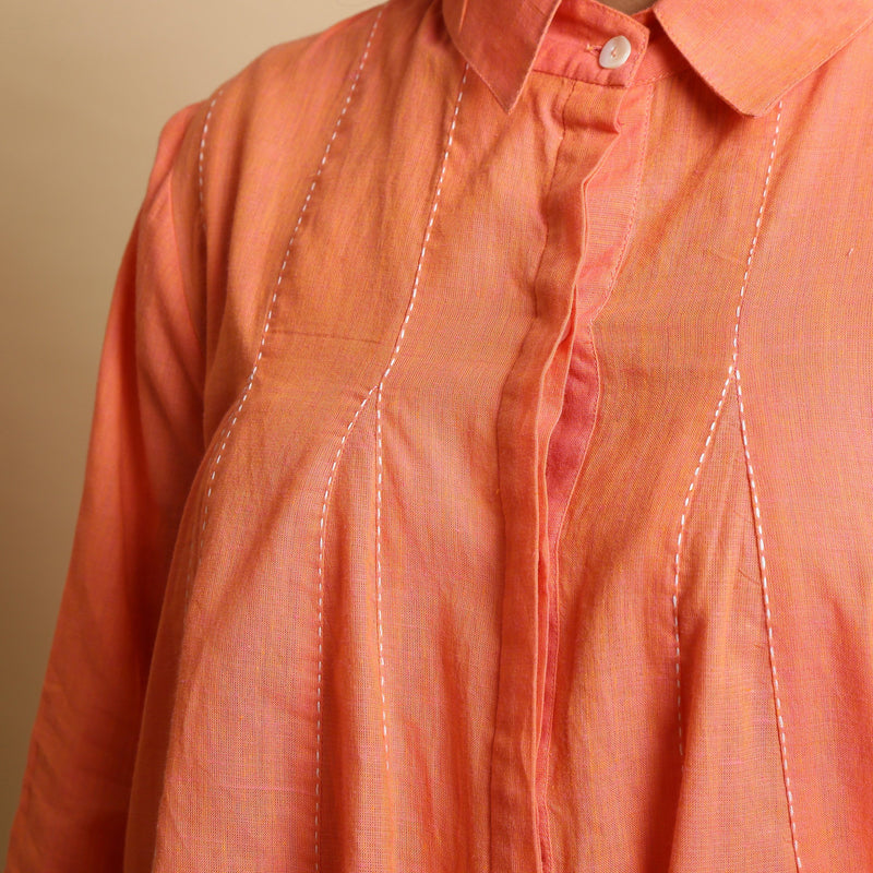 Front Detail of a Model wearing Salmon Pink Cotton Solid Godet Top