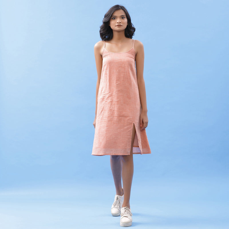 Front View of a Model wearing Salmon Pink Handspun Cotton Strap Slit Dress