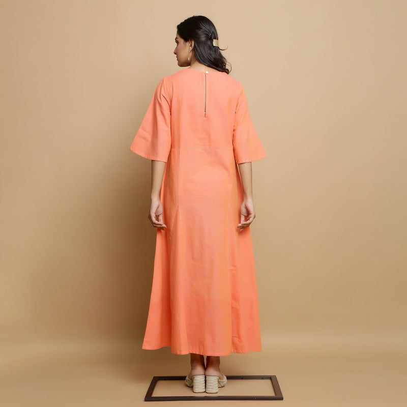 Back View of a Model wearing Salmon Pink Mangalgiri Cotton Godet Maxi Dress