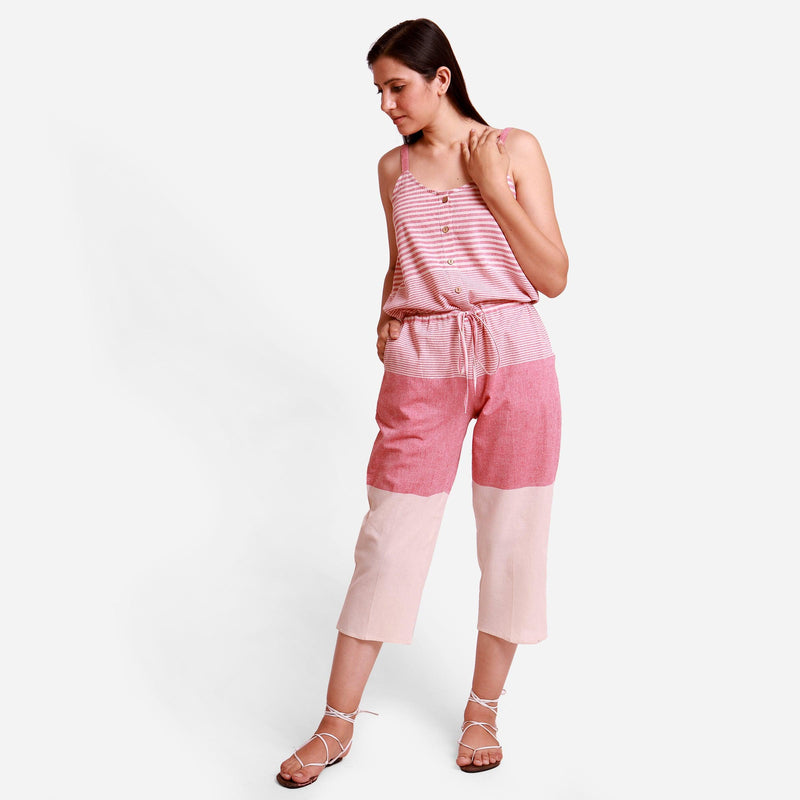 Salmon Pink Striped Cotton Elasticated Camisole Jumpsuit