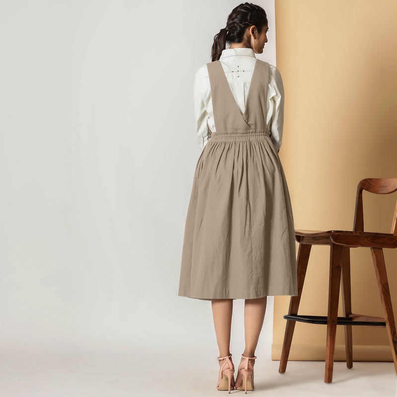 Back View of a Model wearing Sand Beige Cotton Flax Pinafore Midi Wrap Dress