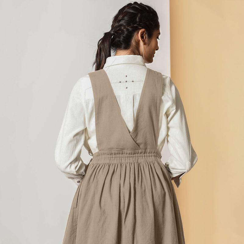 Back View of a Model wearing Sand Beige Cotton Flax Pinafore Midi Wrap Dress