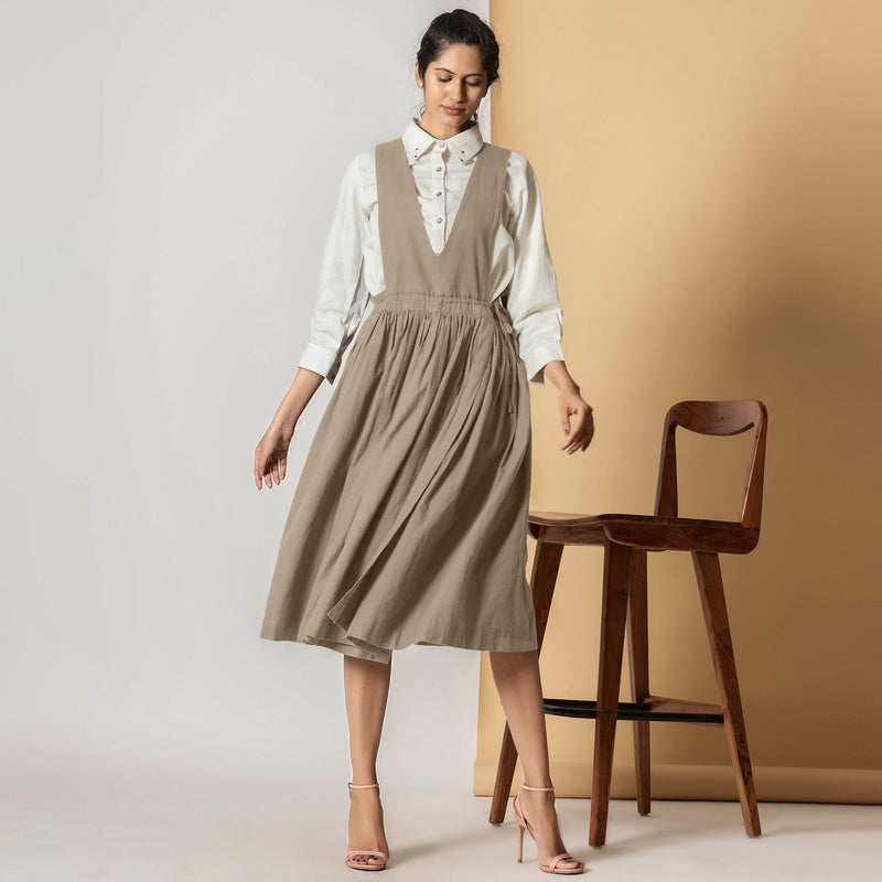 Front View of a Model wearing Sand Beige Cotton Flax Pinafore Midi Wrap Dress