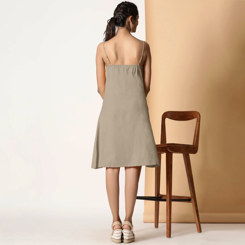 Back View of a Model wearing Sand Beige Cotton Flax Strappy Slit Dress