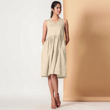 Front View of a Model wearing Sand Beige Gathered Yoke Dress