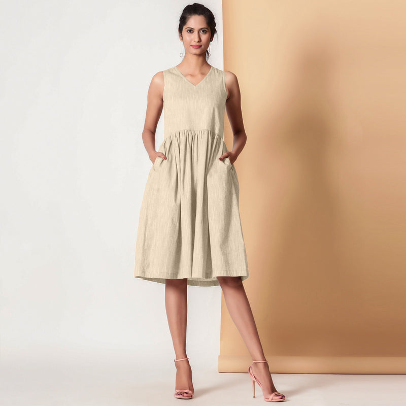 Front View of a Model wearing Sand Beige Gathered Yoke Dress