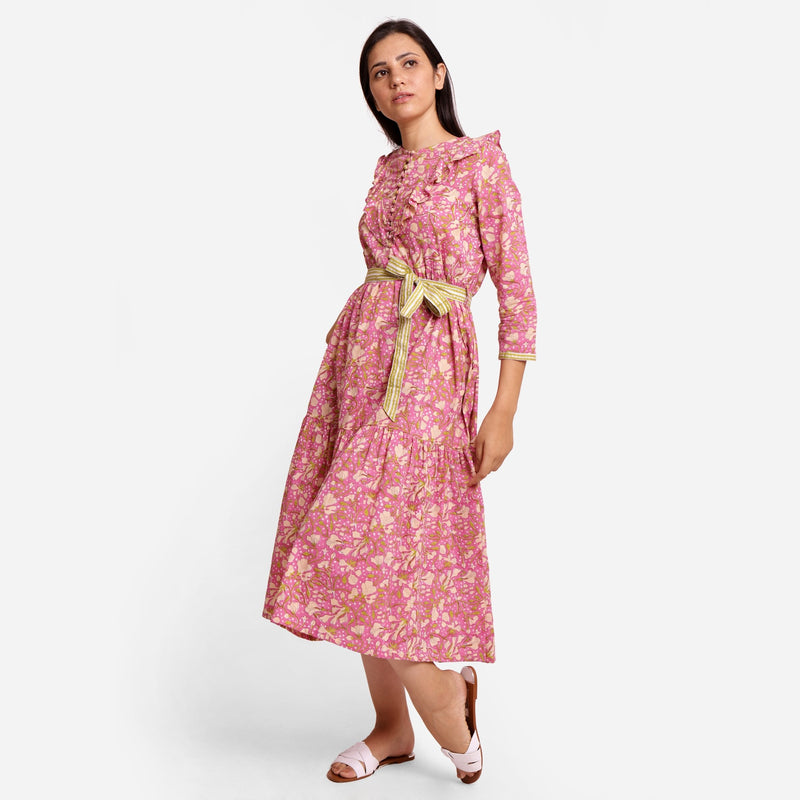 Front View of a Model wearing Mauve Sanganeri Block Print Cotton Midi Dress