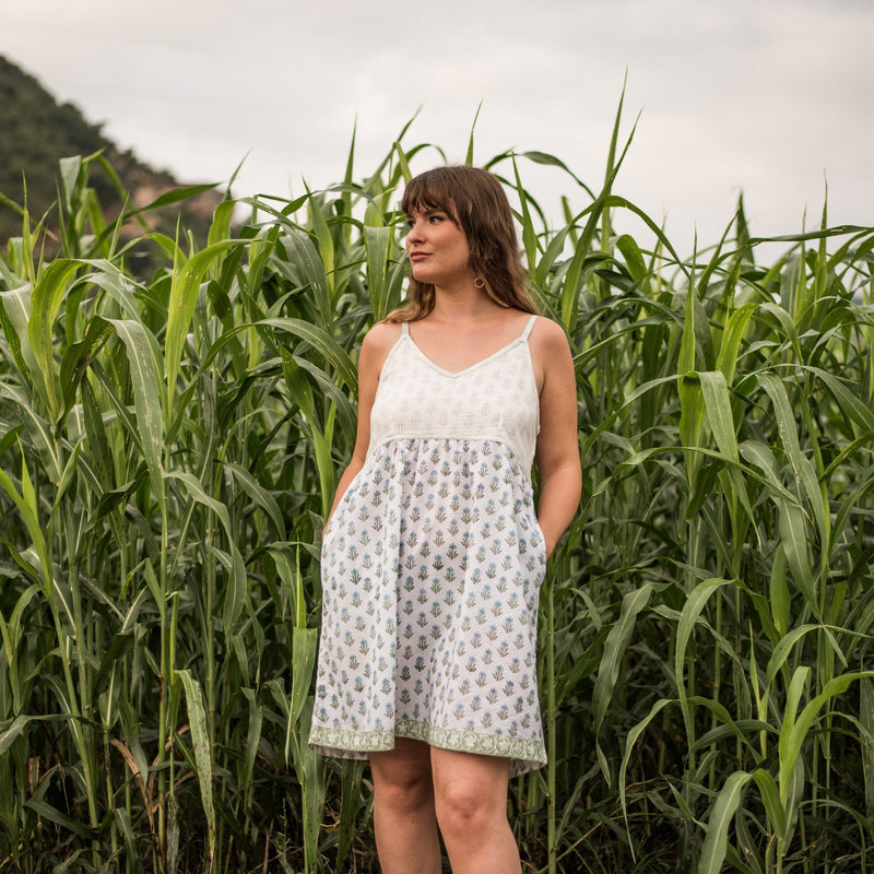 Front View of a Model wearing White Sanganeri Block Printed Cotton Camisole Dress