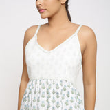 Front Detail of a Model wearing White Sanganeri Block Printed Cotton Camisole Dress