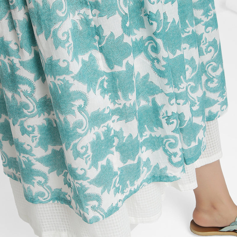 Close View of a Model wearing Sanganeri Block Print Cotton Layered Maxi Skirt