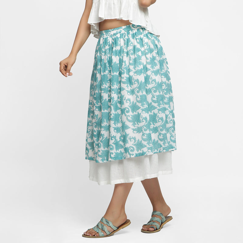 Left View of a Model wearing Sanganeri Block Print Cotton Layered Maxi Skirt