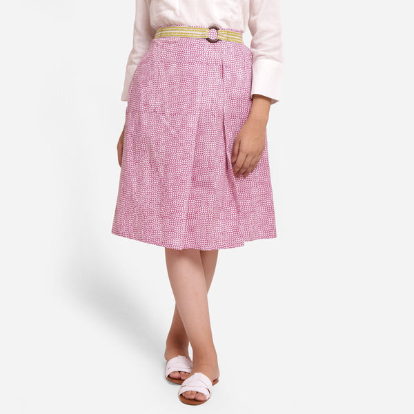 Front View of a Model wearing Wine Block Print Cotton Knee Length Pleated Skirt
