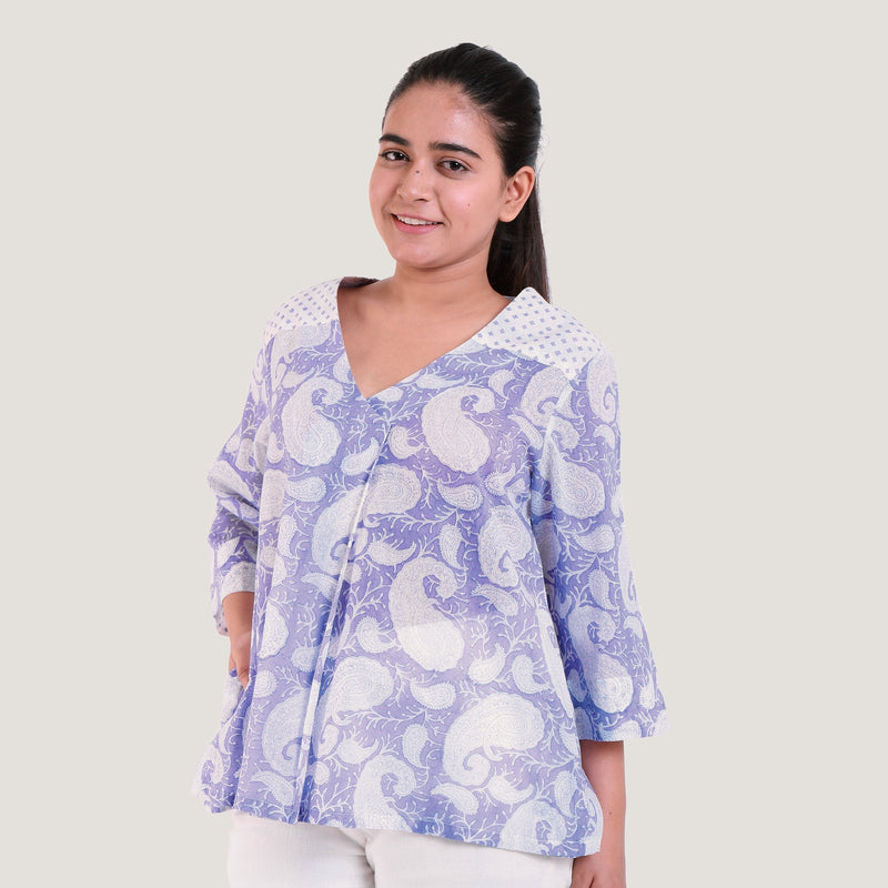Front View of a Model wearing Purple Paisley Block Print Cotton V-Neck Wrap Top