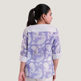 Back View of a Model wearing Purple Paisley Block Print Cotton V-Neck Wrap Top