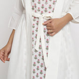 Front Detail of a Model wearing Sanganeri Print Dress and White Overlay Set